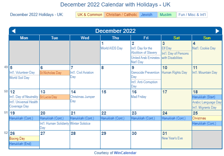 December 2022 Calendar with UK Holidays to Print