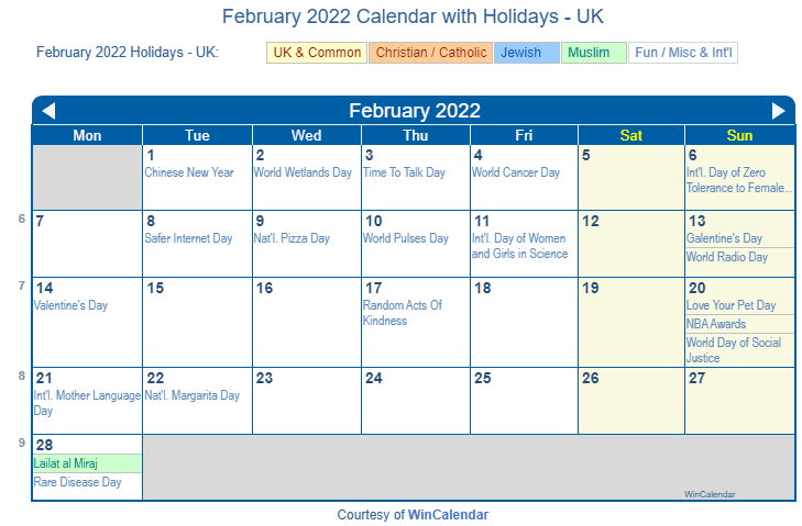 February 2022 Calendar with UK Holidays to Print
