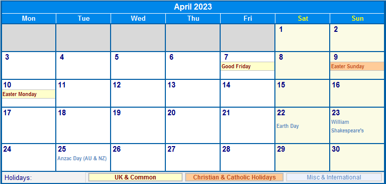 April 2023 Printable Calendar with UK, Christian, & International Holidays