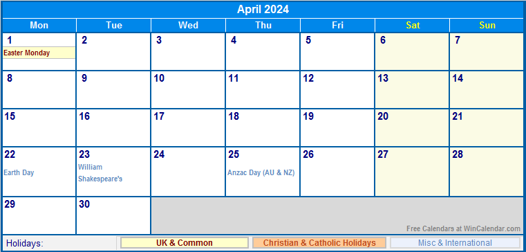 April 2024 Printable Calendar with UK, Christian, & International Holidays