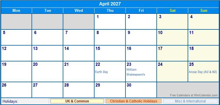 April 2027 Printable Calendar with UK, Christian, & International Holidays