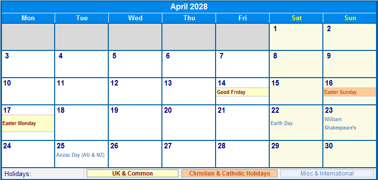 April 2028 Printable Calendar with UK, Christian, & International Holidays