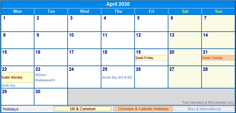 April 2030 Printable Calendar with UK, Christian, & International Holidays