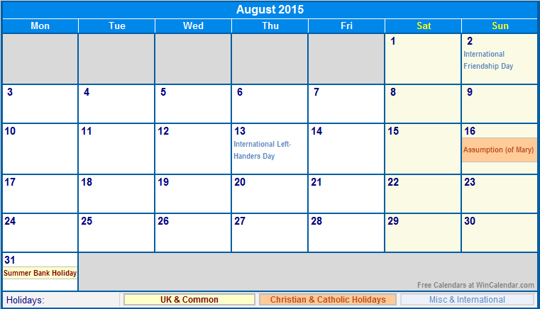 August 2015 Printable Calendar with UK, Christian, & International Holidays