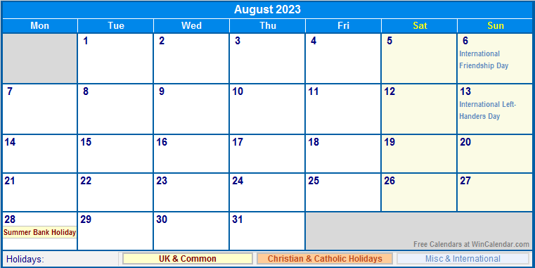 August 2023 Printable Calendar with UK, Christian, & International Holidays