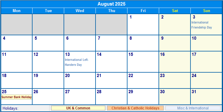 August 2025 UK Calendar with Holidays for printing (image format)