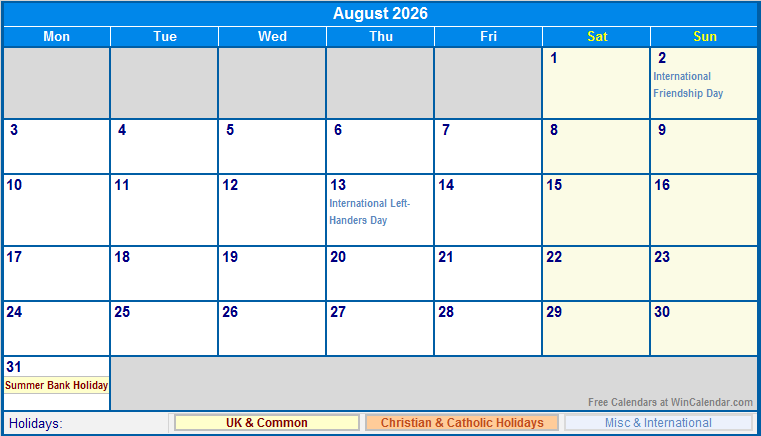 August 2026 Printable Calendar with UK, Christian, & International Holidays