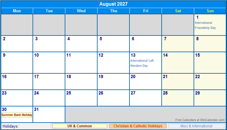 August 2027 Printable Calendar with UK, Christian, & International Holidays