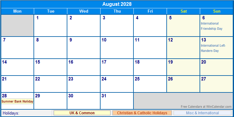 August 2028 Printable Calendar with UK, Christian, & International Holidays