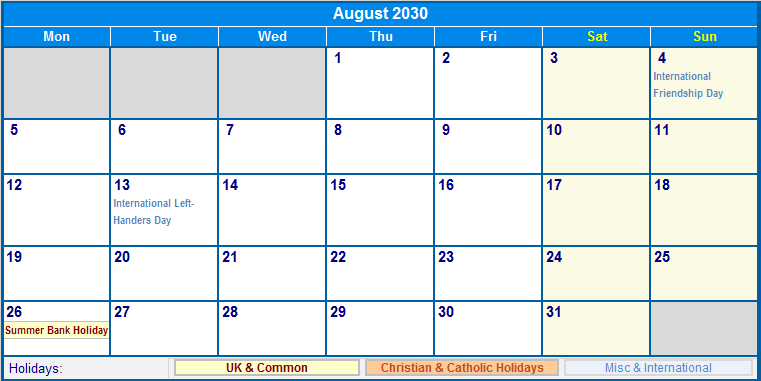 August 2030 UK Calendar with Holidays for printing (image format) August 2030 UK Calendar with Holidays for printing (image format)