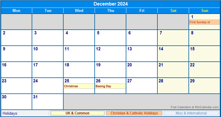December 2024 UK Calendar with Holidays for printing (image format)