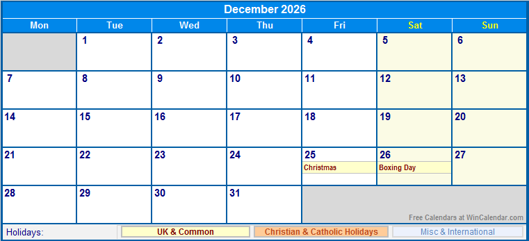 December 2026 Printable Calendar with UK, Christian, & International Holidays
