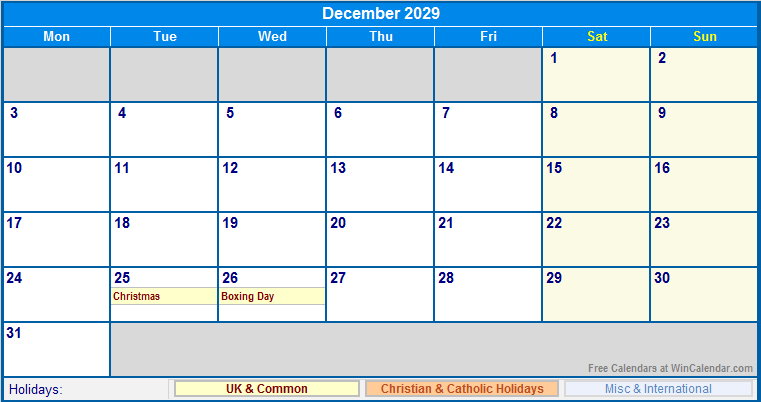 December 2029 Printable Calendar with UK, Christian, & International Holidays