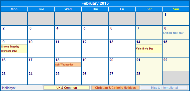 February 2015 Printable Calendar with UK, Christian, & International Holidays