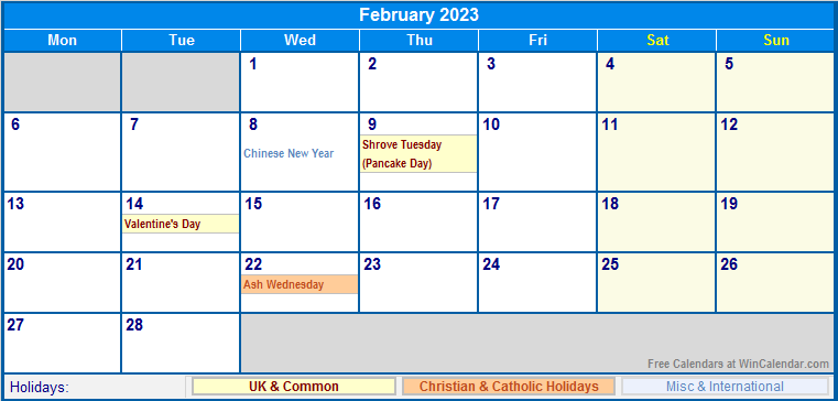 February 2023 Printable Calendar with UK, Christian, & International Holidays