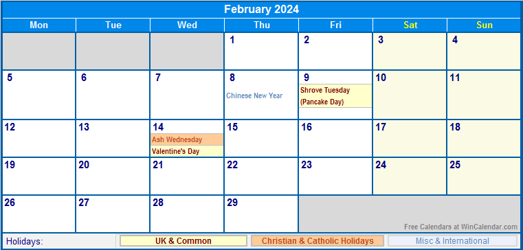 February 2024 UK Calendar with Holidays for printing (image format)