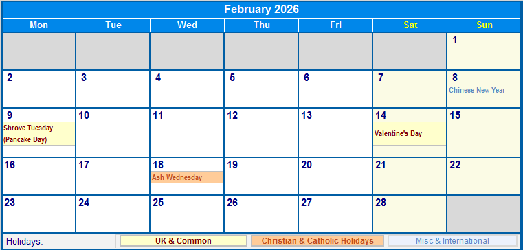 February 2026 UK Calendar with Holidays for printing (image format)