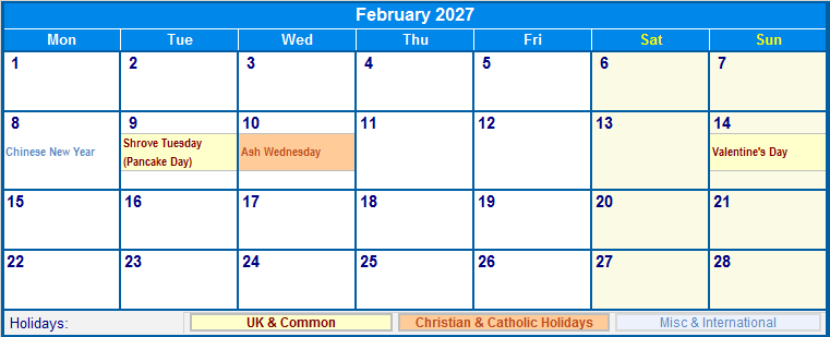 February 2027 Printable Calendar with UK, Christian, & International Holidays