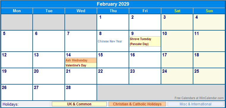 February 2029 Printable Calendar with UK, Christian, & International Holidays