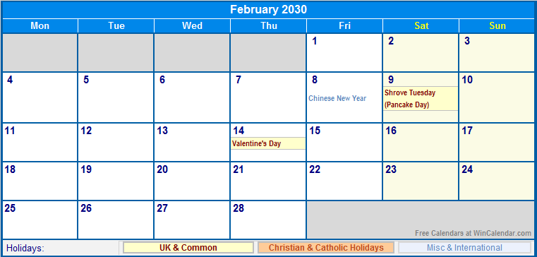 February 2030 Printable Calendar with UK, Christian, & International Holidays