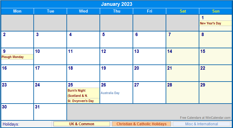 January 2023 Printable Calendar with UK, Christian, & International Holidays