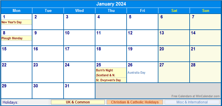 January 2024 UK Calendar with Holidays for printing (image format)