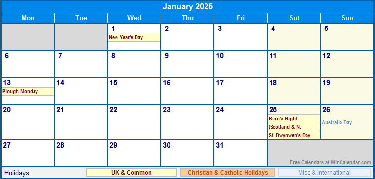 January 2025 UK Calendar With Holidays For Printing image Format 