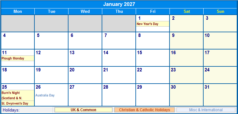 January 2027 Printable Calendar with UK, Christian, & International Holidays