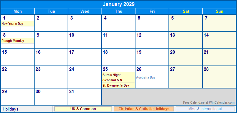 January 2029 Printable Calendar with UK, Christian, & International Holidays