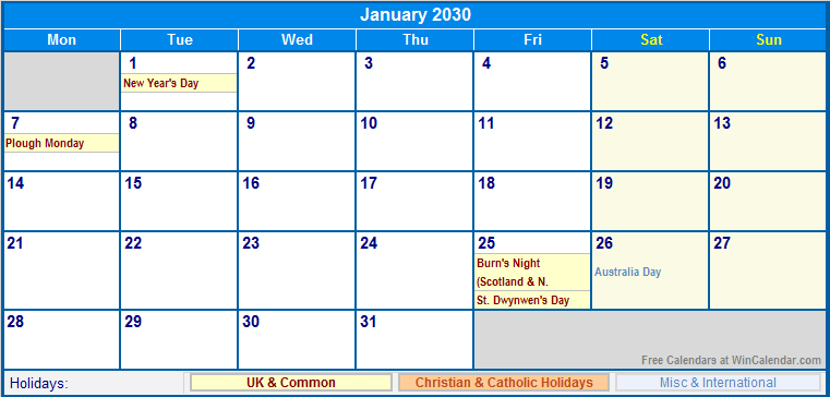 January 2030 Printable Calendar with UK, Christian, & International Holidays