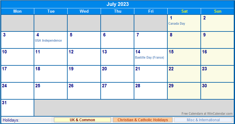 July 2023 Printable Calendar with UK, Christian, & International Holidays