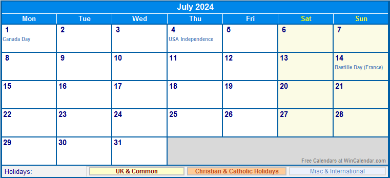 July 2024 Printable Calendar with UK, Christian, & International Holidays