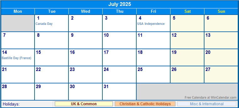 July 2025 UK Calendar with Holidays for printing (image format)