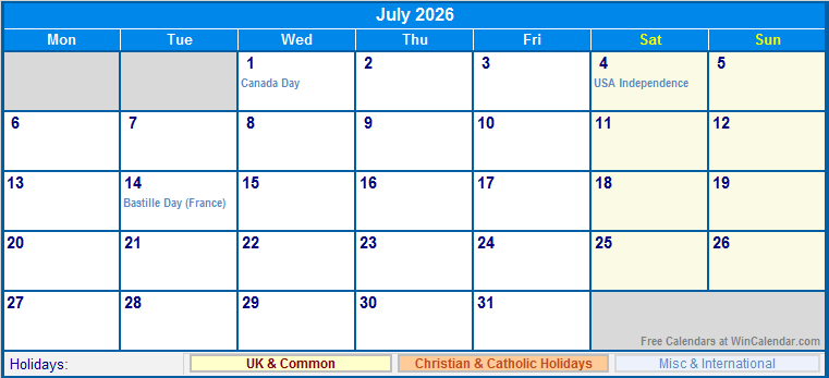 July 2026 Printable Calendar with UK, Christian, & International Holidays