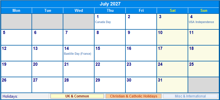 July 2027 Printable Calendar with UK, Christian, & International Holidays