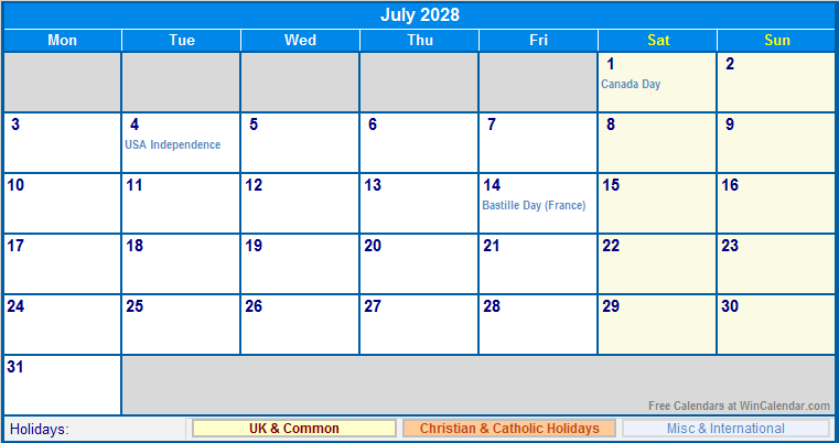 July 2028 Printable Calendar with UK, Christian, & International Holidays