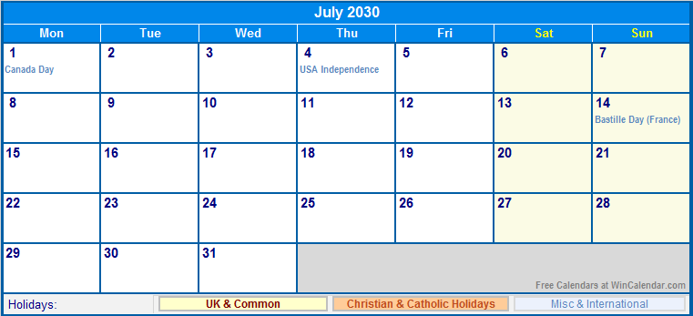 July 2030 Printable Calendar with UK, Christian, & International Holidays