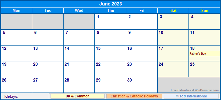 June 2023 Printable Calendar with UK, Christian, & International Holidays