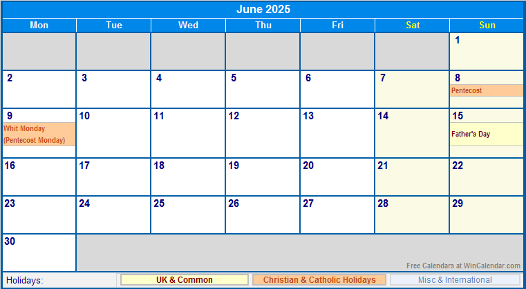 June Calendar 2025 With Holidays
