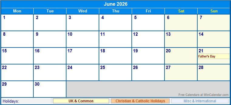 June 2026 Printable Calendar with UK, Christian, & International Holidays