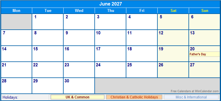 June 2027 Printable Calendar with UK, Christian, & International Holidays