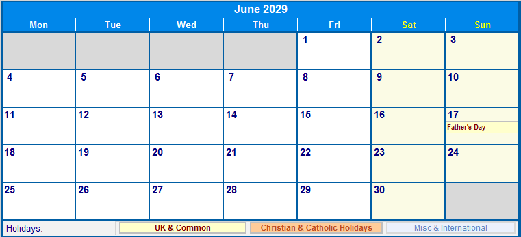 June 2029 Printable Calendar with UK, Christian, & International Holidays
