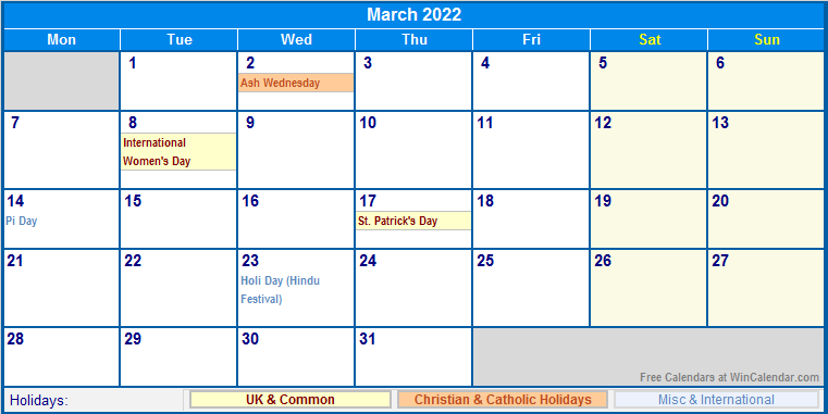 March 2022 UK Calendar with Holidays for printing (image ...