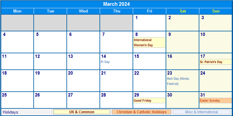 March 2024 UK Calendar with Holidays for printing (image format)