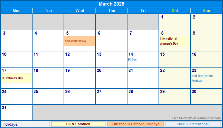 March 2025 UK Calendar with Holidays for printing (image format)
