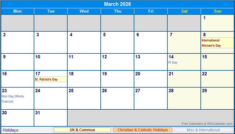 March 2026 UK Calendar with Holidays for printing (image format)