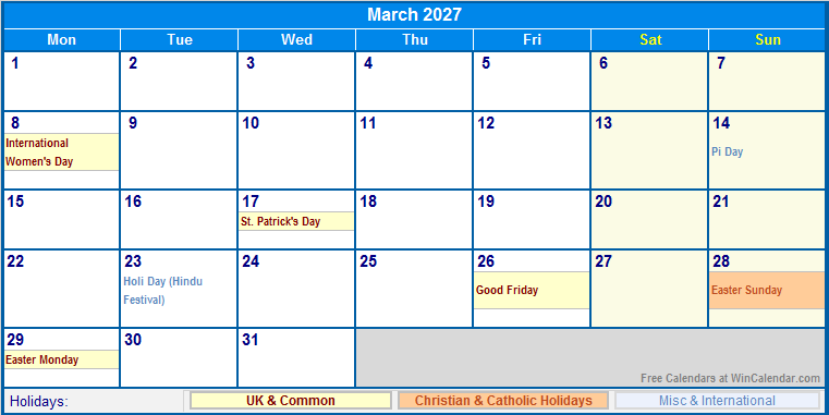 March 2027 Printable Calendar with UK, Christian, & International Holidays