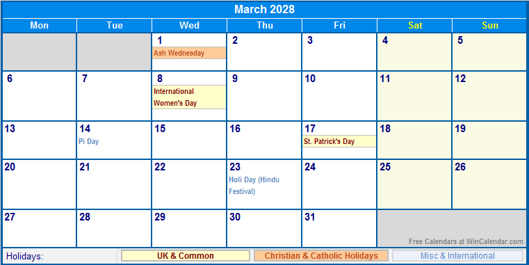March 2028 Printable Calendar with UK, Christian, & International Holidays