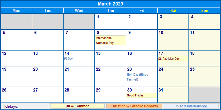 March 2029 UK Calendar with Holidays for printing (image format)