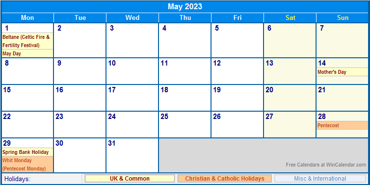 May 2023 Printable Calendar with UK, Christian, & International Holidays